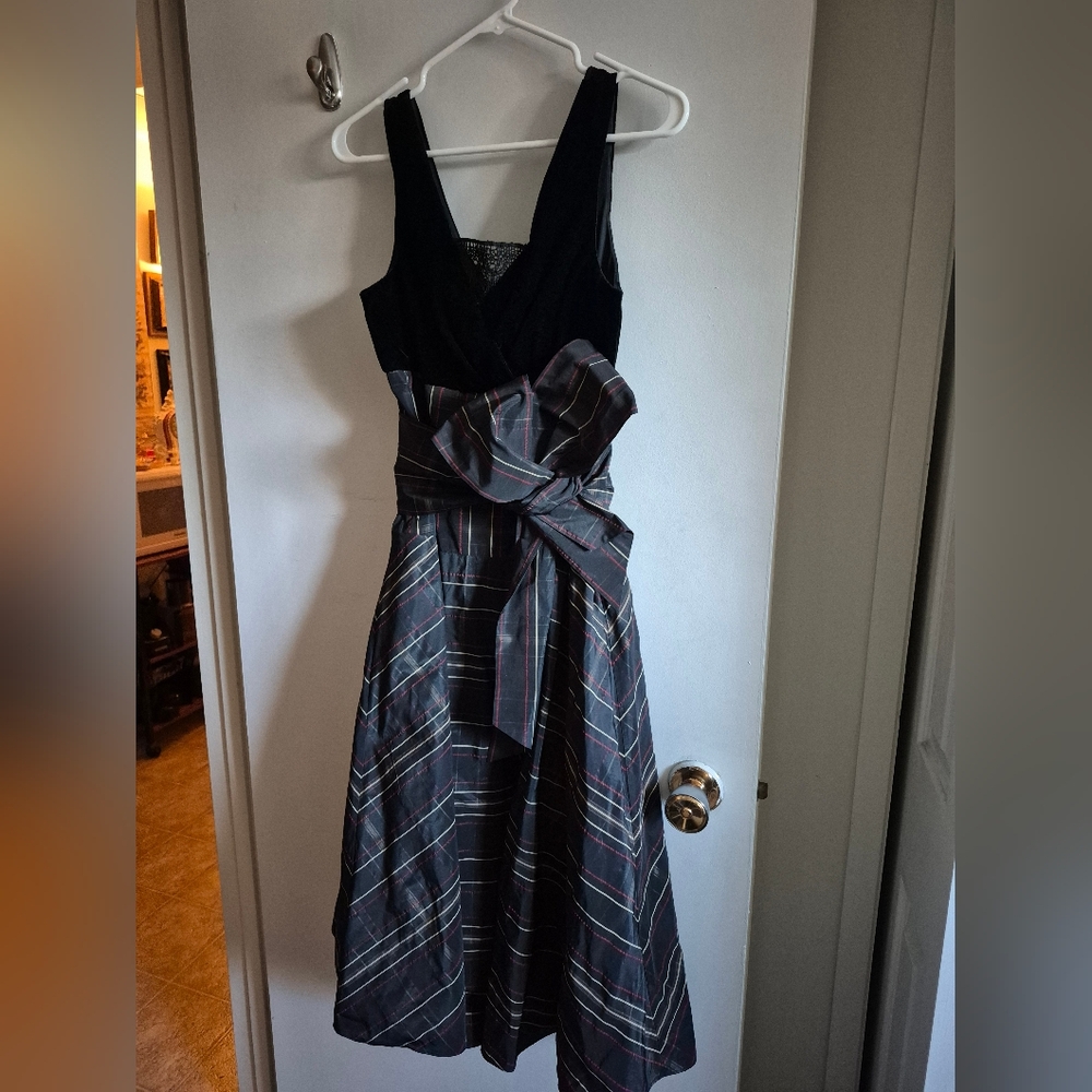 Max & Cleo Black and Gray Striped High Low Dress